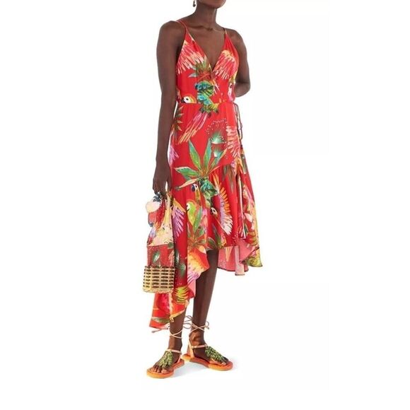 Farm Rio Red Tropical Parrot Wrap Dress XS Asymmetrical Midi Vacation Ready - Picture 3 of 13